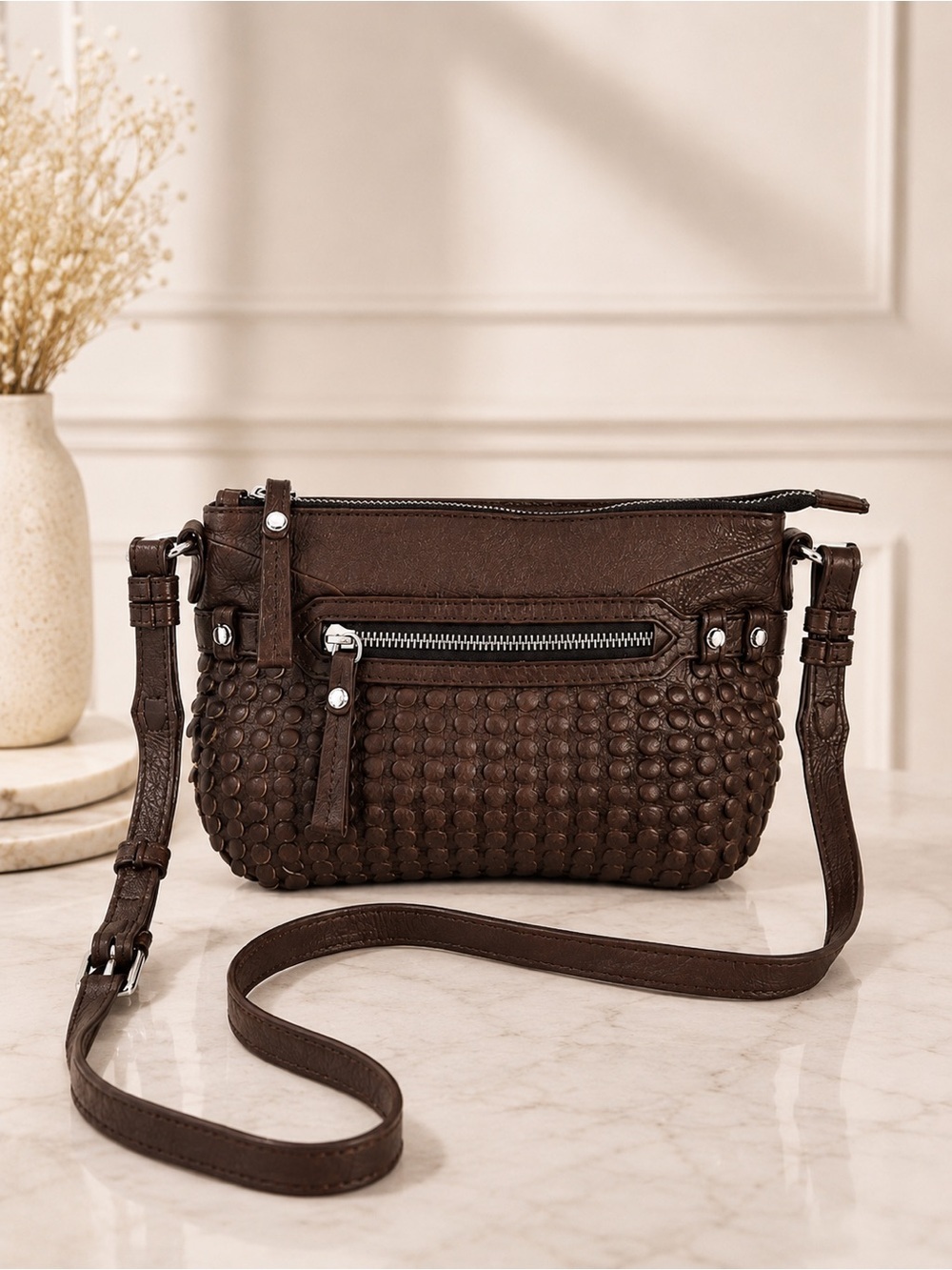 Oryany Brown Woven Leather Crossbody Shoulder Bag Silver Hardware